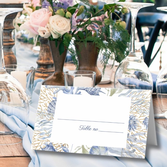 Carte de placement pliée Blue Gold Coastal (Blue Gold Coastal Folded Place Card)