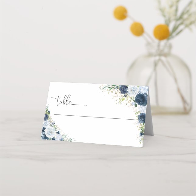 Carte de placement pliée pour mariage floral Navy  (Devant)