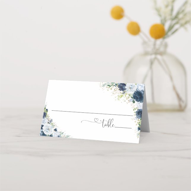 Carte de placement pliée pour mariage floral Navy  (Devant)