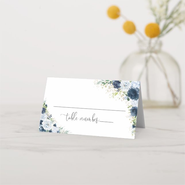 Carte de placement pliée pour mariage floral Navy  (Devant)