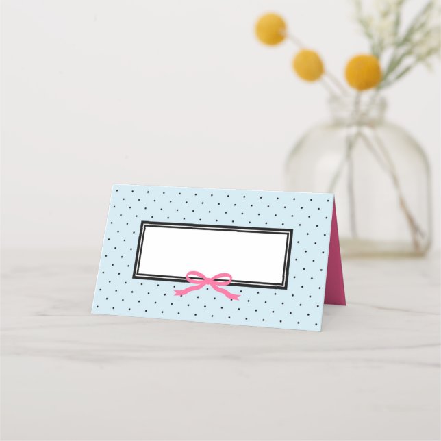 Carte De Placement Point Polka bleu moderne avec ruban rose (Devant)