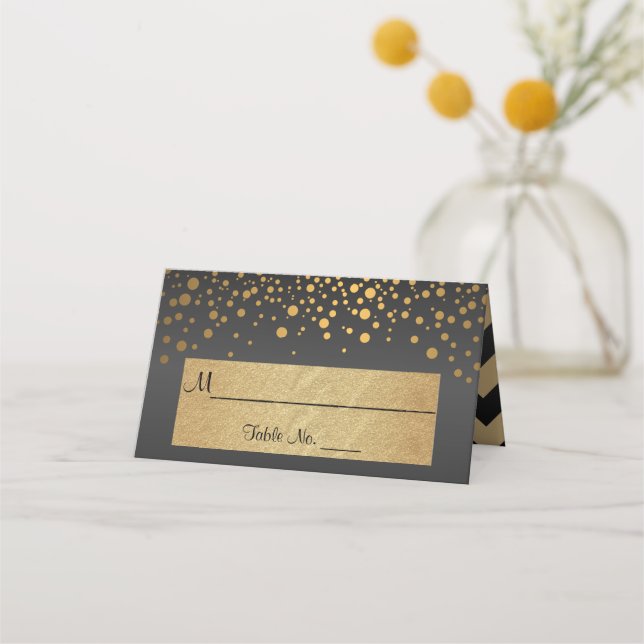 Carte De Placement Points Chevron et Confetti Noir et Or 2 (Devant)