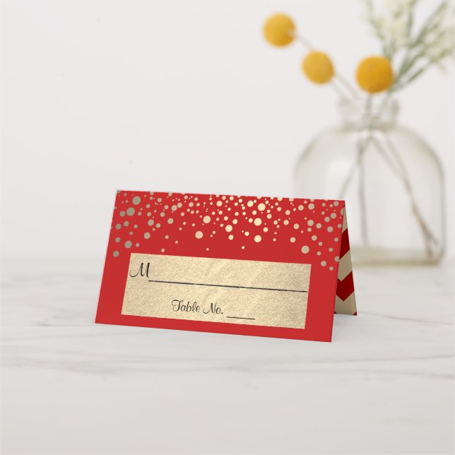 Carte De Placement Pots Chevron rouge et or et Confetti - Mariage (Devant)