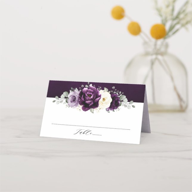 Carte De Placement Poupée d'aubergine Plum ivoire blanc Mariage flora (Devant)