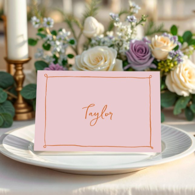 Carte de placement pour mariage avec cadre dessiné (handwritten pink and orange place cards)
