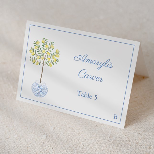 Carte de placement pour une douche de mariage avec (Individual place cards for wedding or baby boy shower featuring lemon tree in chinoiserie planter)