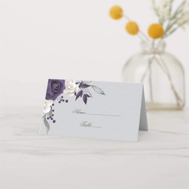 Carte De Placement pourpre poussiéreux et fleurs blanches gris (Devant)