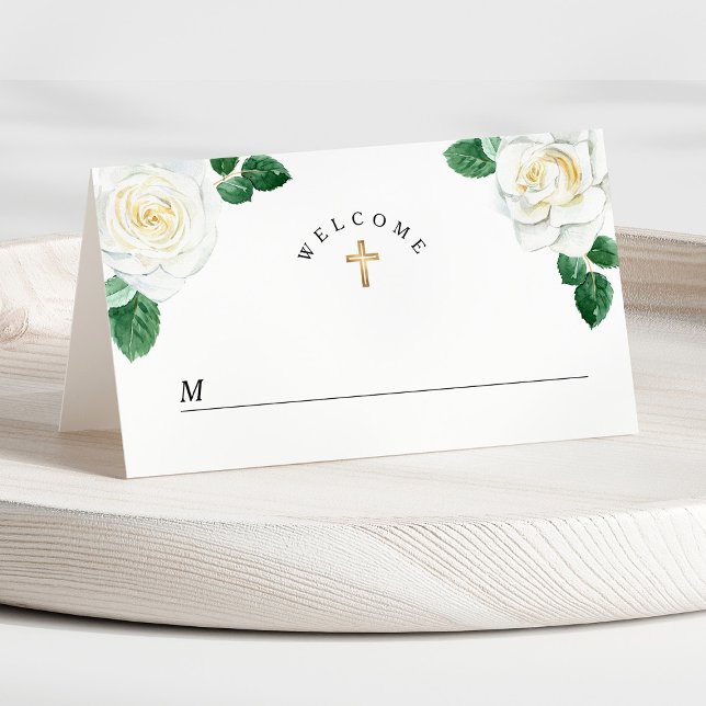 Carte De Placement Première communion fille roses blanches aquarelle  (Front - Watercolor Floral White Roses Girl First Communion Place Card)
