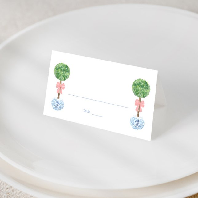 Carte De Placement Preppy Pink Bow Topiary Girl Baby shower Brunch Pl (Elegant boxwood topiary balls with pink bow place cards for baby girl shower or wedding)