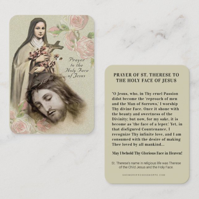 Carte De Placement Prière catholique Sainte Face Ste Thérèse Religieu (Devant / Derrière)
