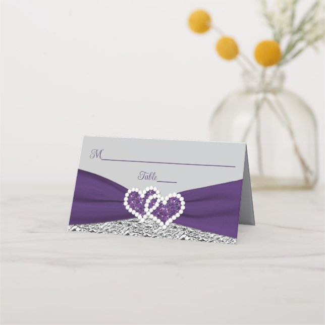 Carte De Placement Purple, Argent, Grey Love Hearts Mariage (Devant)