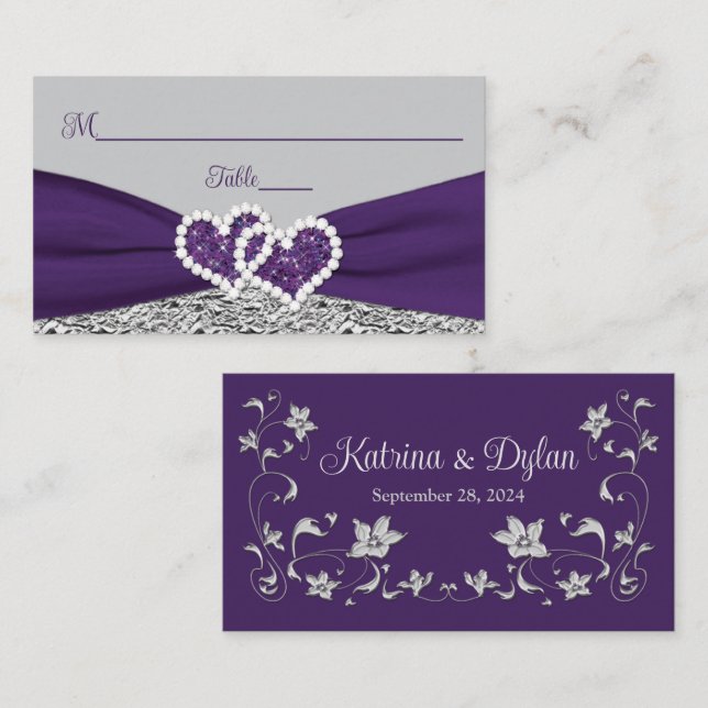 Carte De Placement Purple, Argent, Grey Love Hearts Mariage (Devant / Derrière)