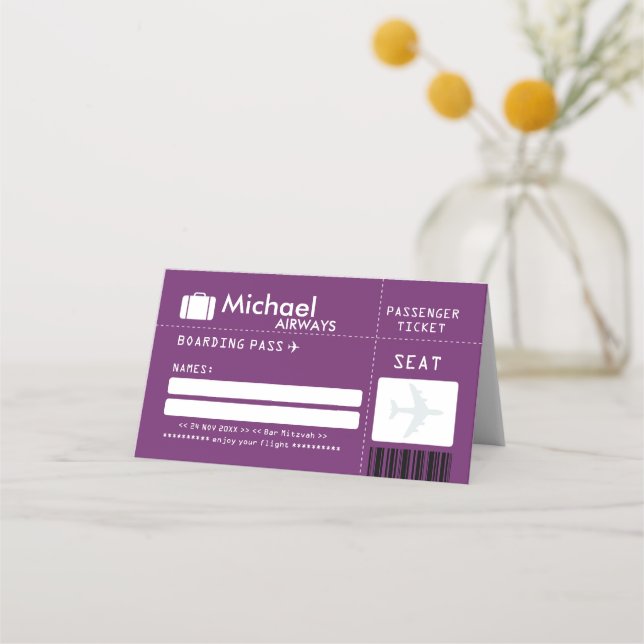 Carte De Placement Purple Bar Mitzvah Airline Ticket Place Card (Devant)