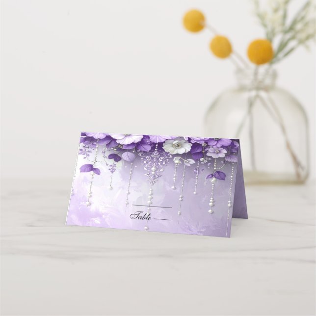 Carte De Placement Purple Flowers with Dangling Pearls Place Card (Devant)