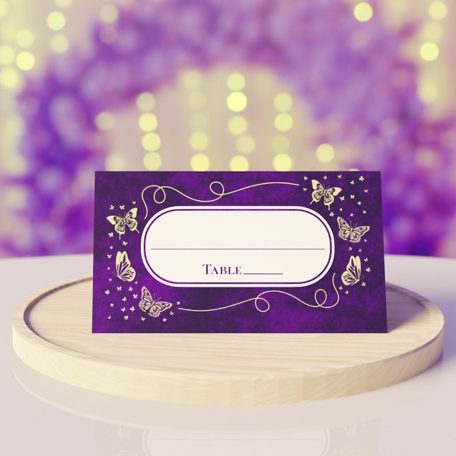 Carte De Placement Purple Gold 15 Ans Quinceañera Papillons (Purple Gold 15 Years Old Quinceañera Butterflies Place Card)