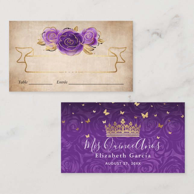 Carte De Placement Purple Lavender Roses Gold Crown Elegant Escort (Devant / Derrière)