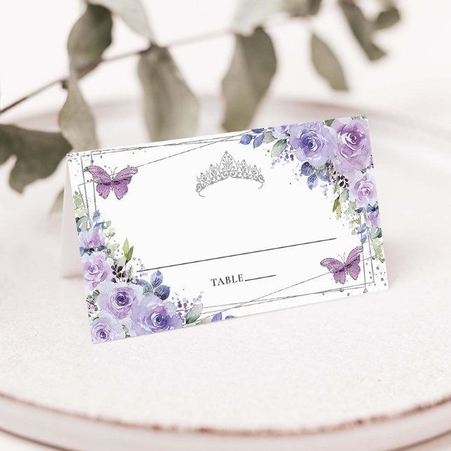 Carte De Placement Purple Lilac Floral Argent Quinceañera 16 Annivers (purple-lilac-lavender-floral-silver-sweet-16-birthday-quinceanera-xv-bat-mitzvah-folded-place-cards)