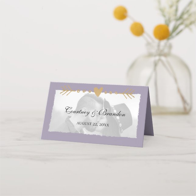 Carte De Placement Purple moderne Photo Gold Hearts Mariage (Devant)