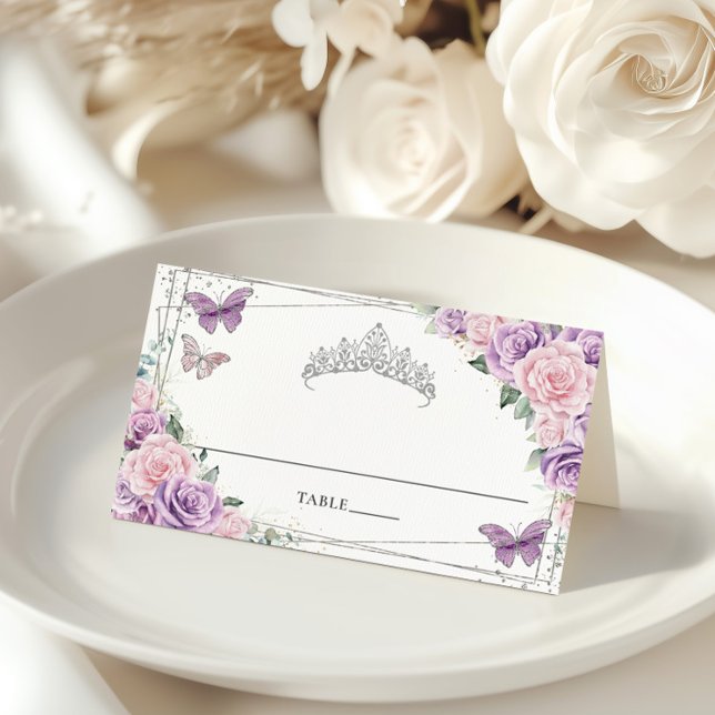 Carte De Placement Quinceañera lilas rose floral papillons (Créateur téléchargé)