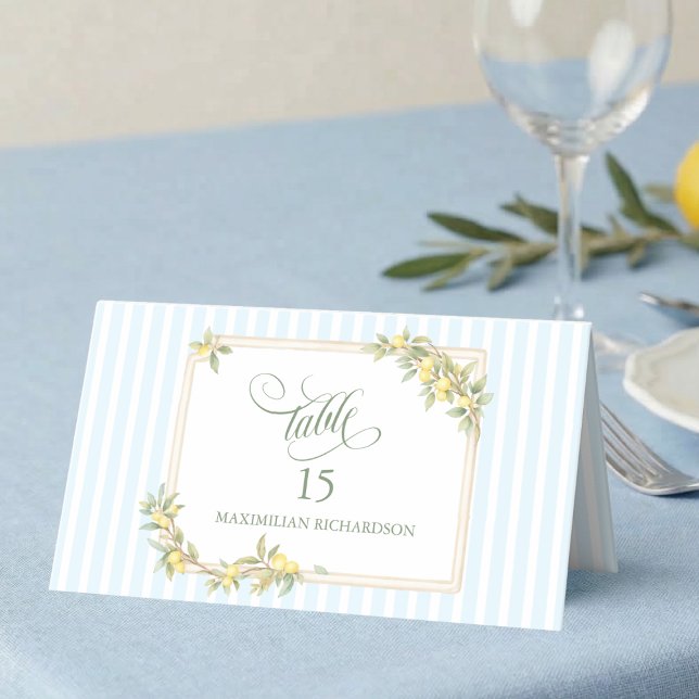 Carte De Placement Rayure Côtière au Citron Mariage Personnalisé (mediterranean lemon coastal pale blue stripe wedding table place card with custom guest name)