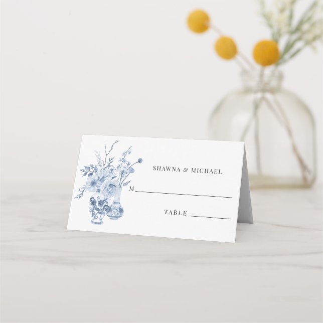 Carte De Placement Réception de mariage floral classique bleu et blan (Devant)