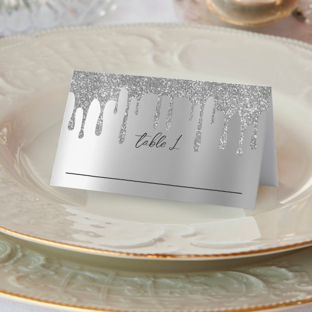 Carte De Placement Réception mariage Parties scintillant argent (Silver Glitter Drip Wedding Reception Place Card)