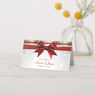 Carte De Placement Red Bow Gold White Sparkle Noël Mariage Place