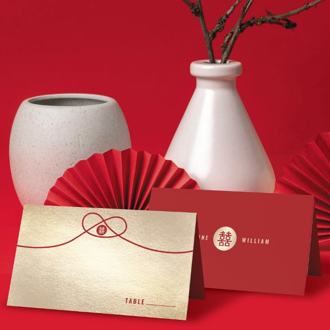 Carte De Placement Red Knot Union Double Bonheur Mariage chinois (Red/Gold Knot Union Double Happiness Modern Stylish Chinese Wedding Place Card @ fatfatin_red_knot)