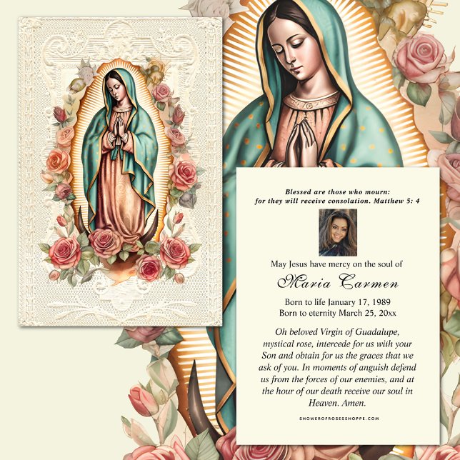 Carte De Placement Religieux Vierge Marie Funérailles Guadalupe (Our Lady of Guadalupe Funeral Memorial Prayer Cards)
