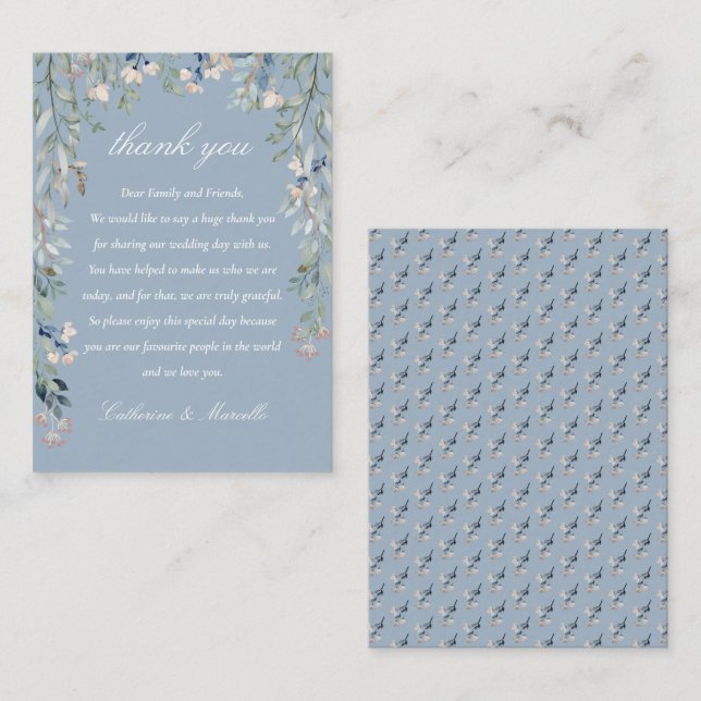 Carte De Placement Remerciement de mariage en cascade florale bleu po (Devant / Derrière)