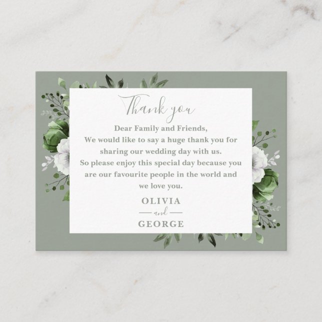 Carte De Placement Remerciement de mariage floral botanique vert oliv (Devant)