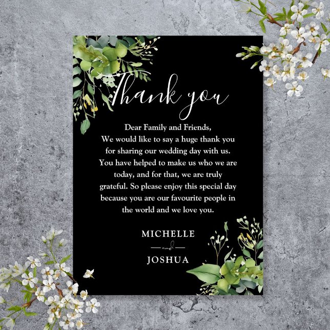 Carte De Placement Remerciement de mariage floral vert et blanc (Greenery Floral Black And White Wedding Thank You Place Card)
