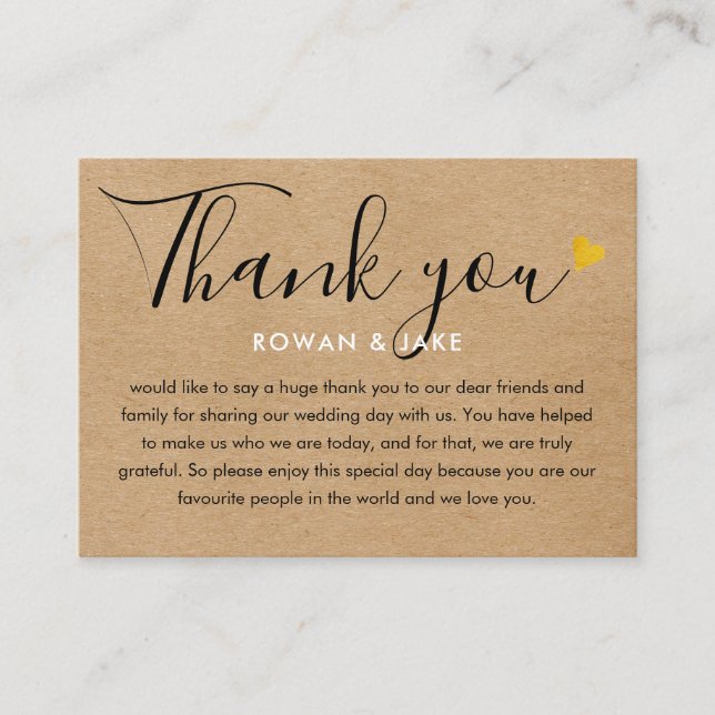 Carte De Placement Remerciement de mariage Kraft Or Cœur Chic Script (Devant)