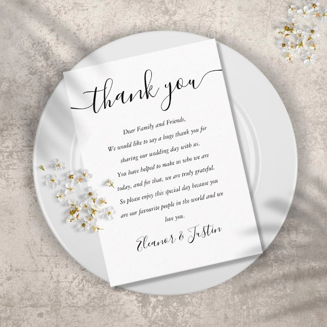 Carte De Placement Remerciement de mariage noir et blanc sur script (Créateur téléchargé)