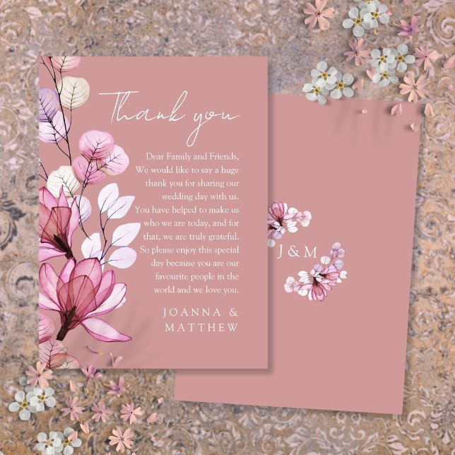 Carte De Placement Remerciement de mariage Transparent Floral Rose Po (Transparent Floral Dusty Rose Wedding Thank You Place Card)