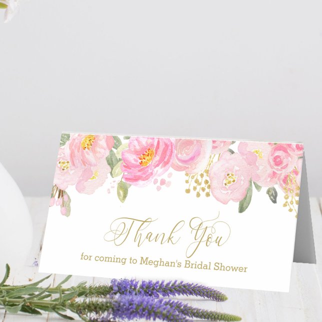 Carte De Placement Remerciement floral de calligraphie rose et or (Mini thank you card from my Pink and Gold Watercolor Floral Collection)