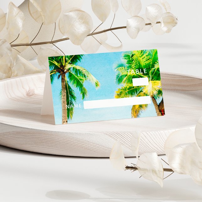 Carte De Placement Retro Blue Ocean Beach Palm Trees Mariage tropical (Créateur téléchargé)