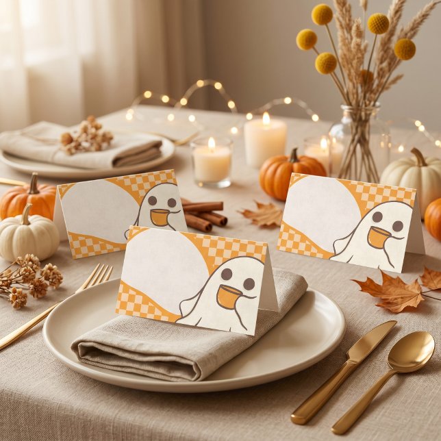 Carte De Placement Rétro Fantôme Mignon Halloween Épouvantable (Retro Spooky Cute Ghost Halloween Place Card)