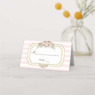 Carte De Placement Romantique Blush Pink Stripes Floral Numéro de tab