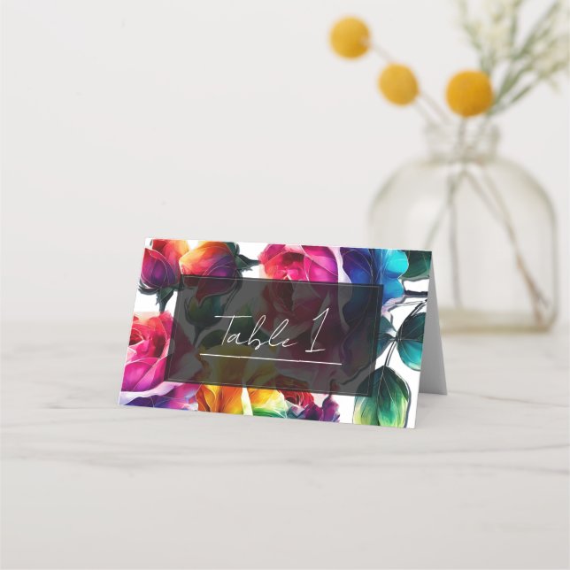 Carte De Placement Rose arc-en-ciel noir et blanc Mariage floral vif (Devant)