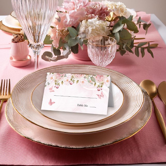 Carte De Placement Rose Fleurs Papillons Floral | Marbre Rose  (Elegant Pink Rose Floral and Pink Butterflies Folded Table Place Cards)