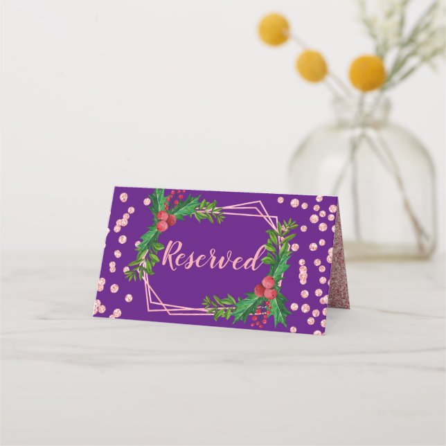 Carte De Placement Rose Gold Purple Holly Parties scintillant Réservé (Devant)