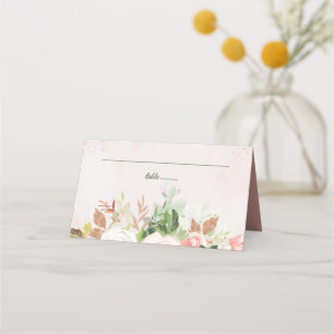 Carte De Placement Rose Pâle et Fleurs Aquarelles Dorées