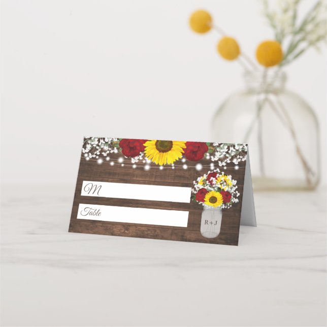 Carte De Placement Rose Rustique Tournesols Jar String Mariage (Devant)