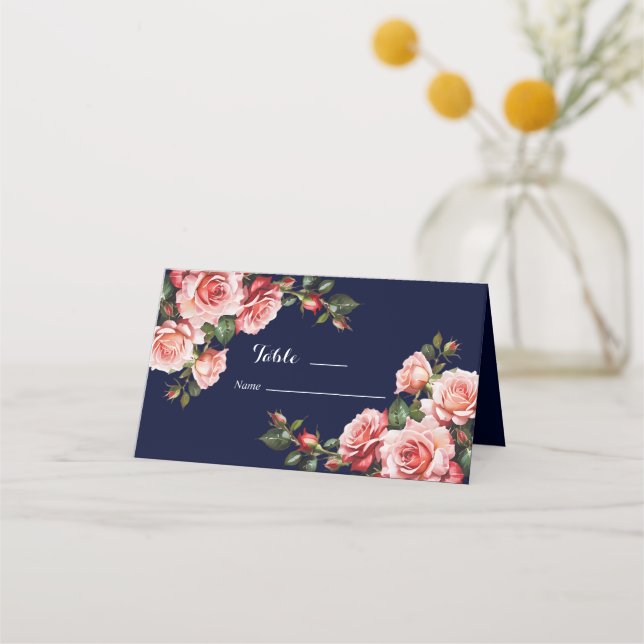 Carte De Placement Rose sombre et rouge roses bleu marine mariage (Devant)