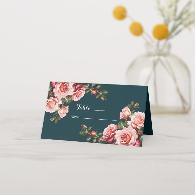 Carte De Placement Rose sombre et rouge roses turquoise mariage (Devant)