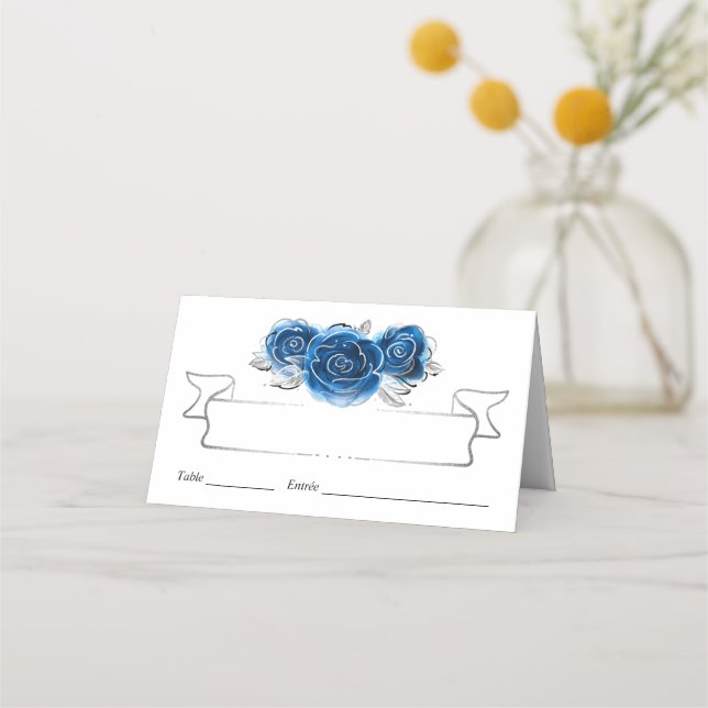 Carte De Placement Roses Argent et Bleu Royal Élégant Plié Table (Devant)