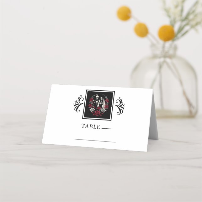Carte De Placement Roses blanc rouge et noir squelette Mariage couple (Devant)