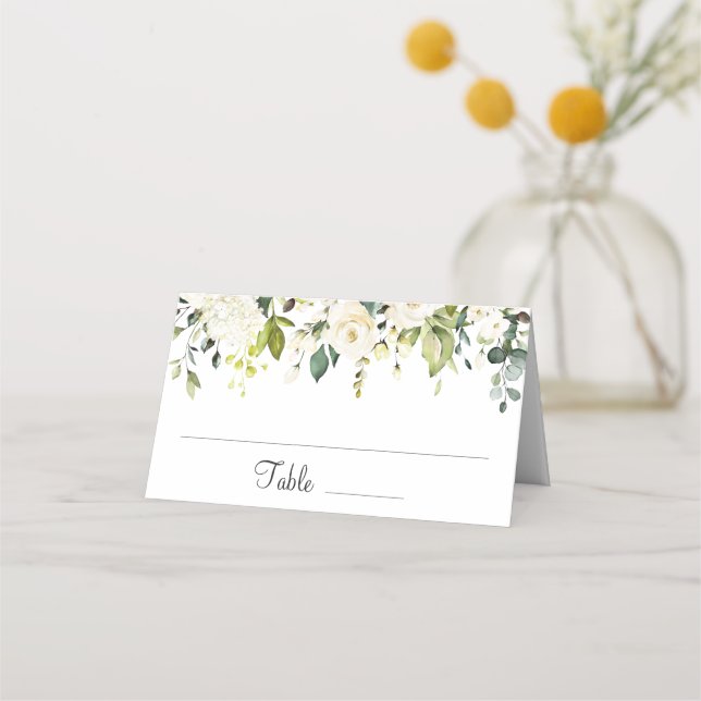Carte De Placement Roses blanches d'ivoire Tableau Mariage de verdure (Devant)