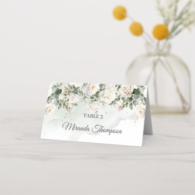 Carte De Placement Roses blanches romantiques Eucalyptus Vert et or (Devant)